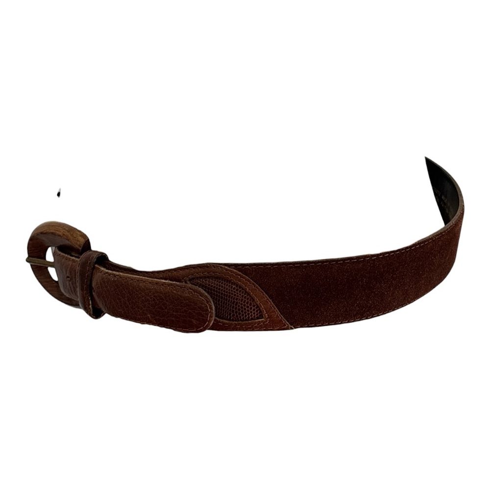 VTG LIZ CLAIBORNE BROWN 1.5" WIDE LEATHER & SUEDE BELT W A WOODEN BUCKLE SZ L - Picture 6 of 10